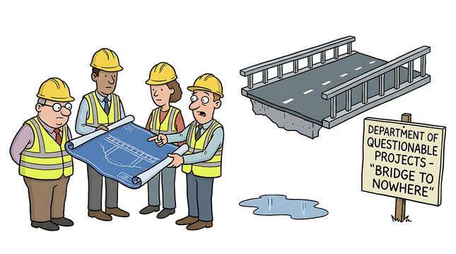 Engineers discuss bridge project with blueprints near a questionable bridge structure