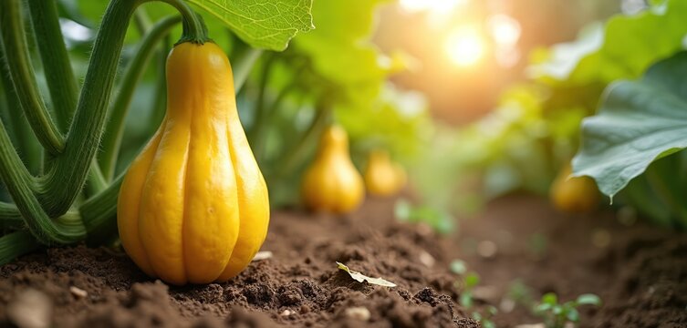 Yellow spaghetti squash grow in garden soil. Organic plant food ripens in sunlight on vine. Healthy vegetable cultivation on farm. Summer harvest season begins.