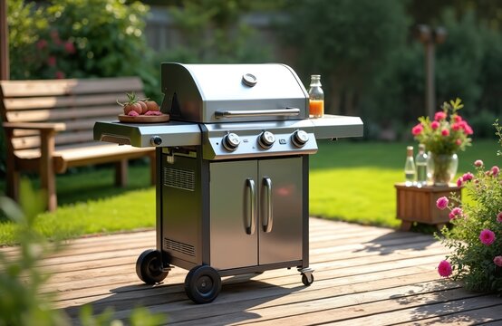 Outdoor stainless steel gas grill set up on a wooden deck in a sunny garden. Beside the grill are food items and a bottle of juice. A wooden bench sits nearby.