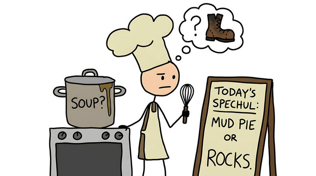 A cartoon chef contemplates cooking a mud pie or rocks on the stove.