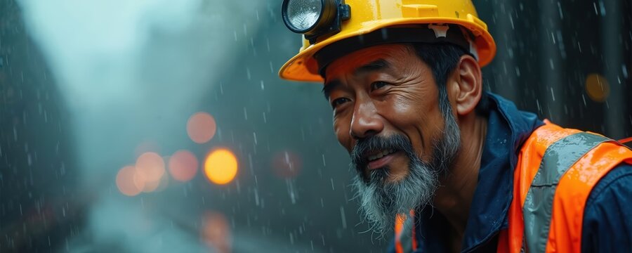 Mature asian man miner wears yellow hard hat with headlamp. He smiles looking up in heavy rain wearing safety vest. Worker stands outdoors in wet weather, enduring hardship.