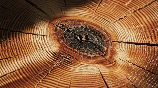 Close-up of a rustic wooden stump with visible rings, cracks, and a knot in soft natural light