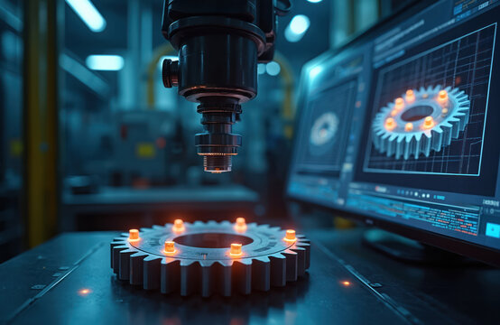 Automated machine inspects metal gear with glowing orange sensors. Computer screen shows 3D model and data analysis. Factory automation uses tech for precision control.
