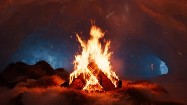 Cozy winter night scene with a roaring fire inside an ice igloo with icicles and snowy landscape under a starry night sky