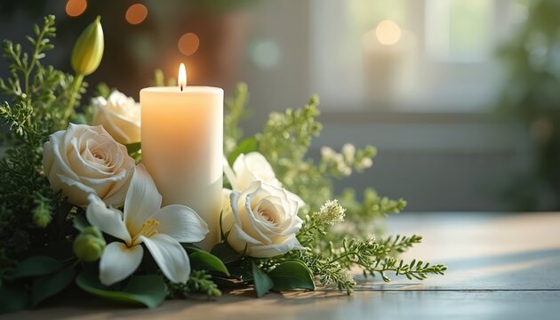 White candle burns near white roses and green foliage. Floral arrangement suggests memorial service or sympathy. Soft light creates peaceful atmosphere. Space for text.