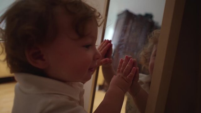 Toddler pressing hands against mirror and bringing face close playful childhood moment of self discovery curiosity and sensory exploration inside home environment
