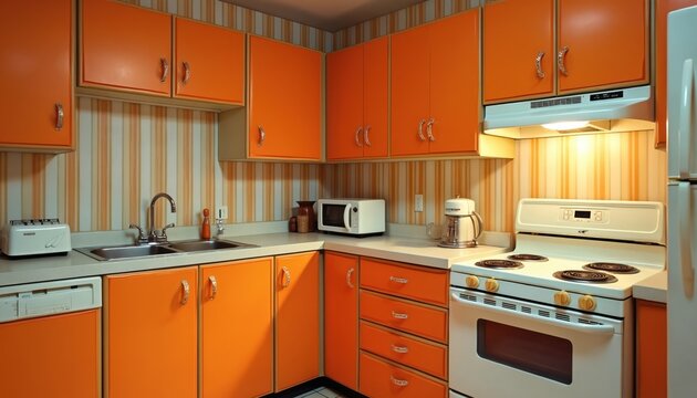 Orange vintage 1970s kitchen with striped wallpaper. Retro appliances like a stove, microwave, and toaster are visible. This scene evokes nostalgia and a bygone era of home design.
