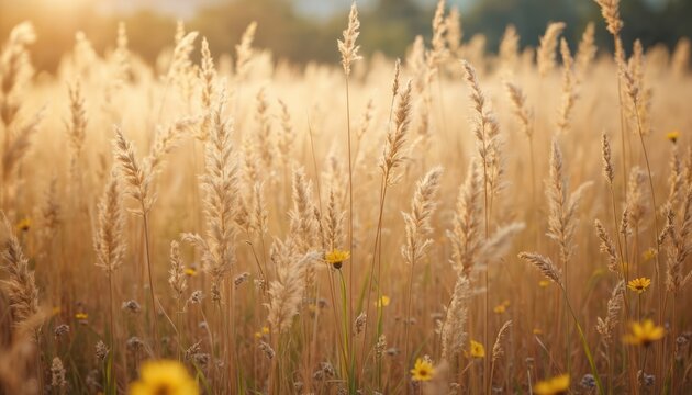 Golden tall grass sways in soft sunlight. Meadow with wildflowers and plants. Natural background, peaceful rural scene. Calm warm outdoor nature.