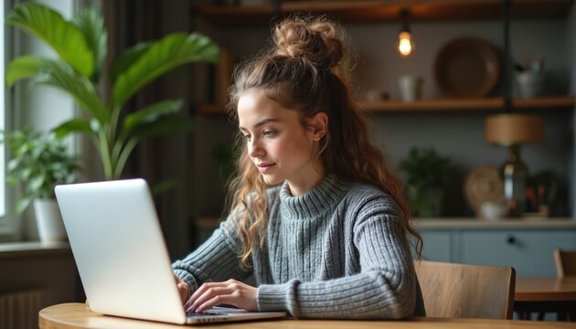 Young woman works on laptop computer at wooden table in cozy apartment living room. Female student studies online remote employee works from home office. Peaceful indoor scene with green plants,