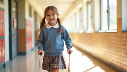 Obraz premium Young girl in uniform walks down school hallway with white cane. She smiles confidently, ready for lessons. Her journey symbolizes independence and inclusion.