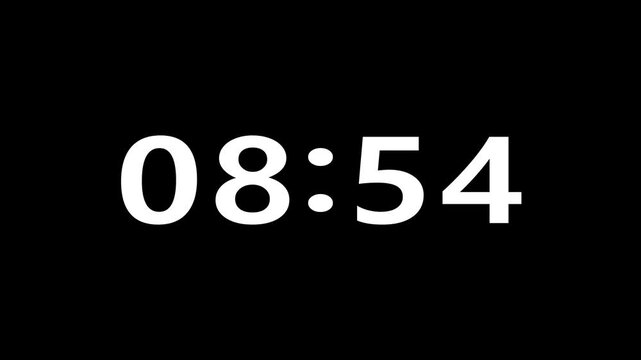 Modern white countdown timer from 9 minute to 8 minute on Black background. 