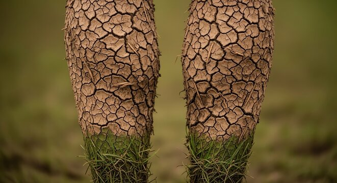 Dry tree trunks with grass at base