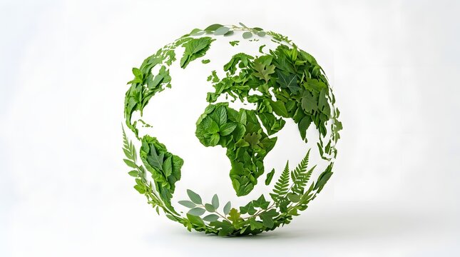 A globe covered with green leaves on a white background