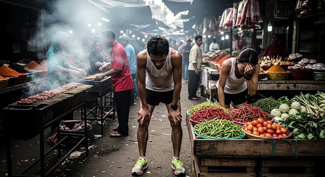 Man resting after running in busy market street