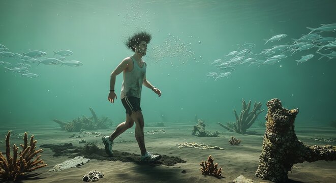 Man running underwater among fish and coral