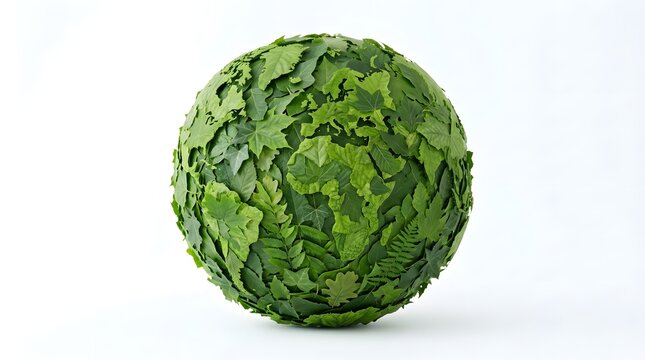 A green sphere covered in various leaf types on a white background