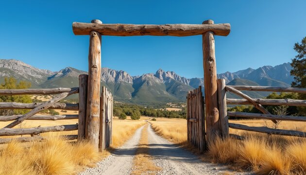 Rustic wooden farm gate opens to a dirt road leading through golden fields towards majestic mountains under clear blue sky. This entryway signifies journey and adventure.