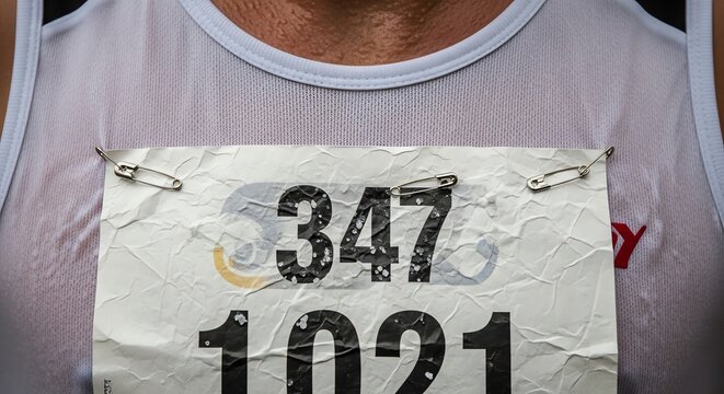 Runner's bib with race numbers and safety pins