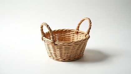 Obraz premium Small light brown woven wicker basket with two handles rests on clean white surface. Empty container has natural texture, simple design, perfect for storage or decor.
