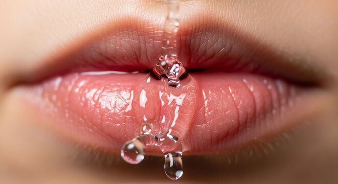 Saliva droplets on lips closeup
