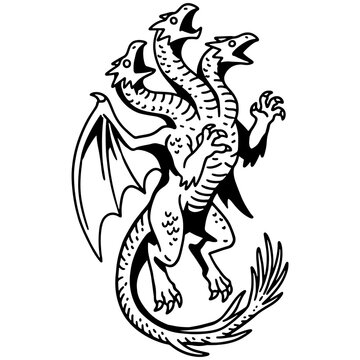 Three-headed dragon hydra mascot in bold  line art