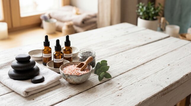 beauty treatment items for spa procedures on white wooden table. massage stones, essential oils and sea salt. copy space