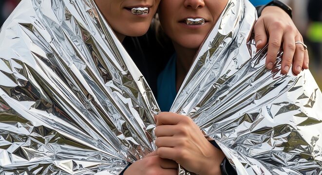Two women wrapped in silver emergency blankets