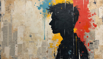 Obraz premium Silhouette profile of young person against abstract background with torn paper and paint splatters. Collage art style evokes contemplation and inner thoughts.