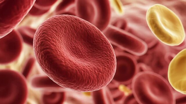 Closeup view of red blood cells flowing through a blood vessel.