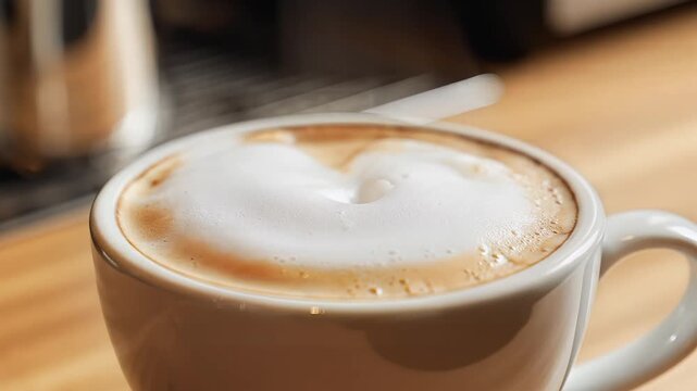 Pouring Cream into a Steaming Cup of Coffee with Frothy Foam.