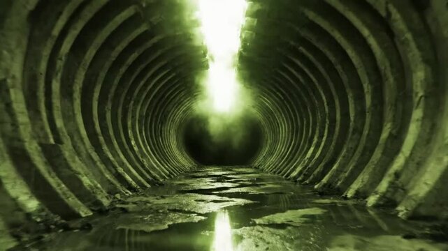 Eerie tunnel perspective with light at the end, showcasing an ominous, mysterious, and scary atmosphere within a dark underground space