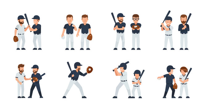 Baseball Players Cartoon Characters Set: Action Poses, Teamwork, Sports Game