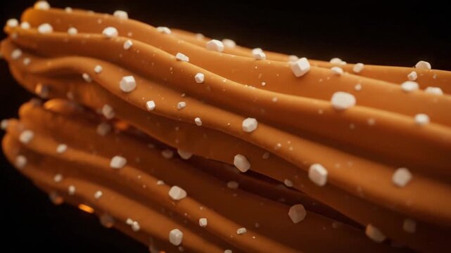 Macro close-up of delicious golden churros with sugar crystals on black background