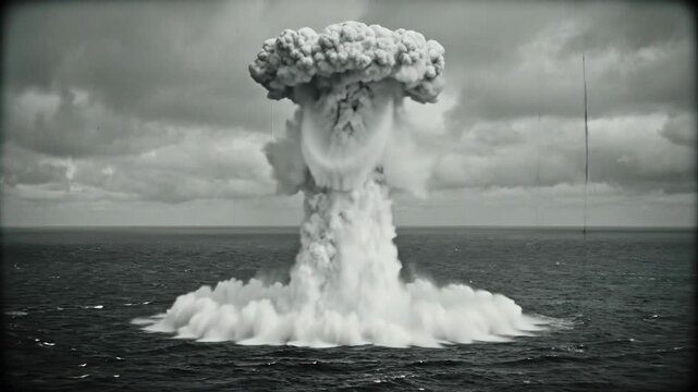 Vintage archival style footage of a massive nuclear bomb underwater explosion in the ocean with mushroom cloud