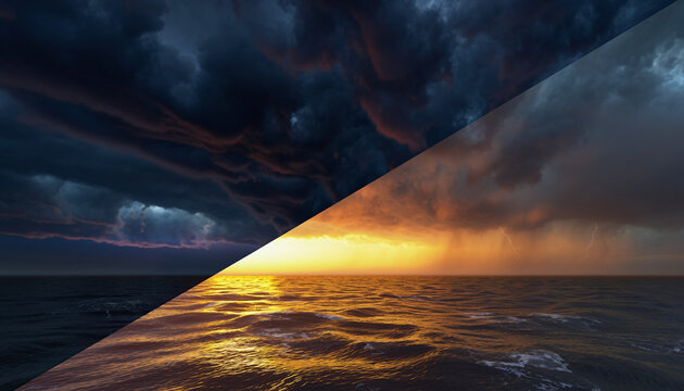 Dramatic ocean horizon split between storm clouds and glowing sunset.
