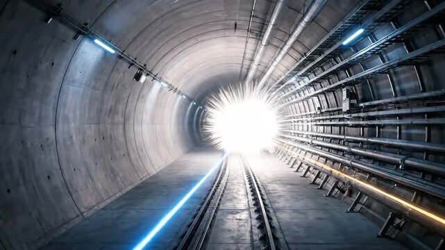 Cinematic animation of a high-energy particle collision bursting with light inside a dark underground hadron collider tunnel