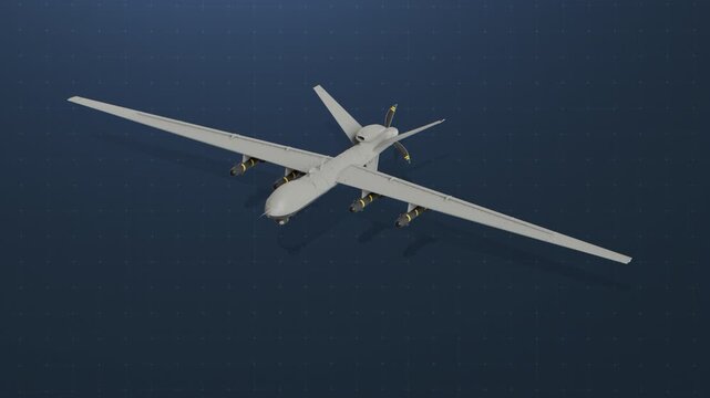 MQ-9 Reaper Drone in Flight on Digital Grid Background &ndash; Military UAV 3D Render