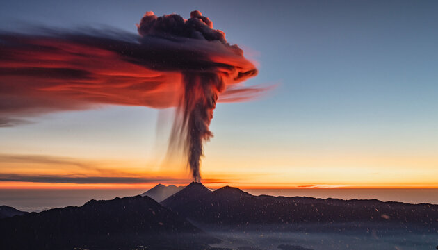 Explosive volcano eruption at dusk with towering ash plume.
