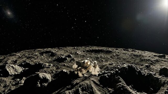 Cinematic shot of a futuristic robotic rover mining resources on a dark rocky asteroid surface in deep space