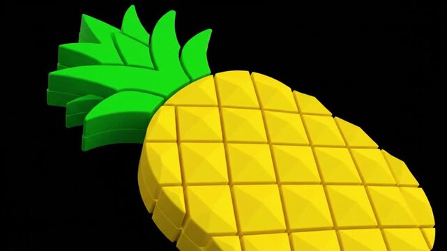 Stylized 3D pineapple rotating on black background. Seamless loop animation of a yellow tropical fruit icon.