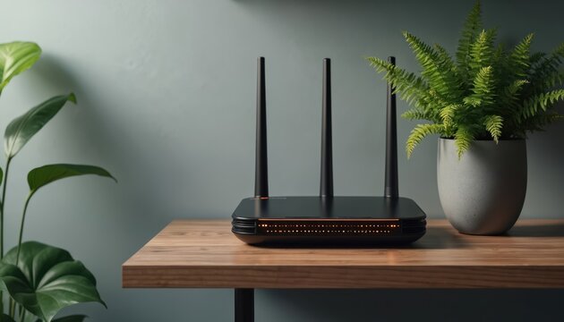 Modern router with plant on wood shelf. Black device has antennas and orange lights. Home interior with green fern in concrete pot. Minimalist background.
