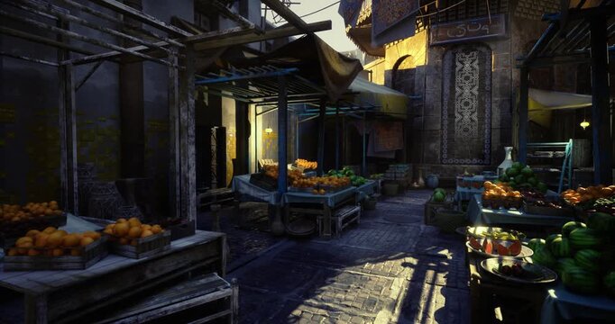 early morning vegetable stall with crates and green produce, vendors preparing displays, soft golden light filtering through awnings, textured walls