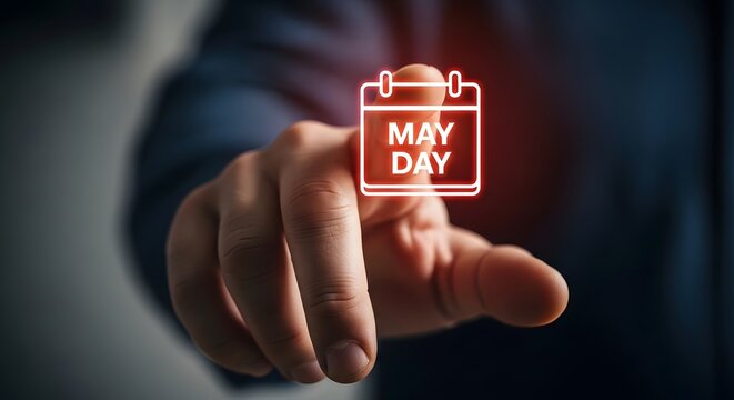Hand pressing a glowing calendar icon symbolizing May Day, a holiday of workers and spring