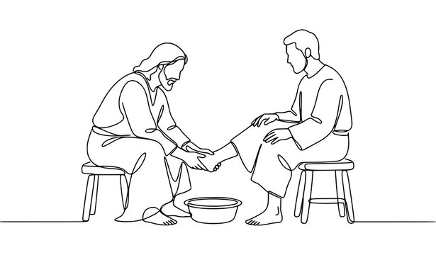 Continuous line Jesus washing feet vector illustration minimalist Christian religious outline art