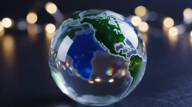 Glass globe showing continents and oceans with blurred bokeh lights in the background on a dark surface