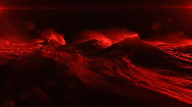 Epic and powerful red ocean waves crashing in darkness creating an otherworldly environment with water splashes