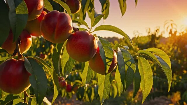 Ripe Nectarines on Tree Branch in Orchard at Sunset