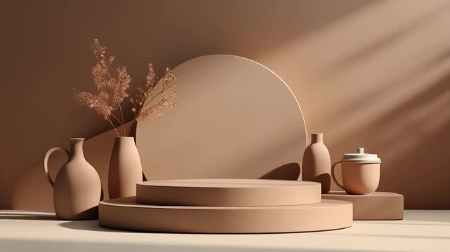 minimalist terracotta podium display with ceramic vases and decorative