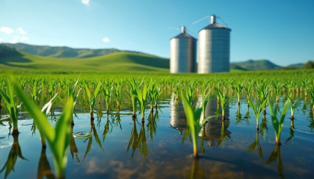 Young corn plants grow in flooded field with silos in background. Green crop sprouts reflect on water surface under blue sky. Rural landscape at sunny day.