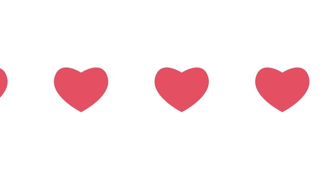 Continuous row of pink hearts moving horizontally on white background. Seamless transition border animation for romantic themes.
